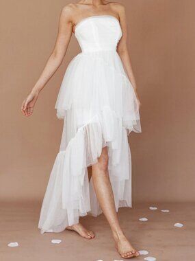 Selfie Leslie High-Low Midi Dress White Tulle Strapless Wedding Bachelorette